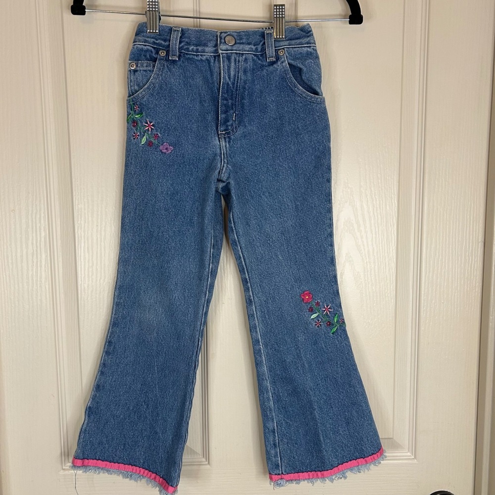 Vtg Y2K Sonoma Jean Co Girls Flare Jeans Denim Embroidered Flower Pink Trim 6X